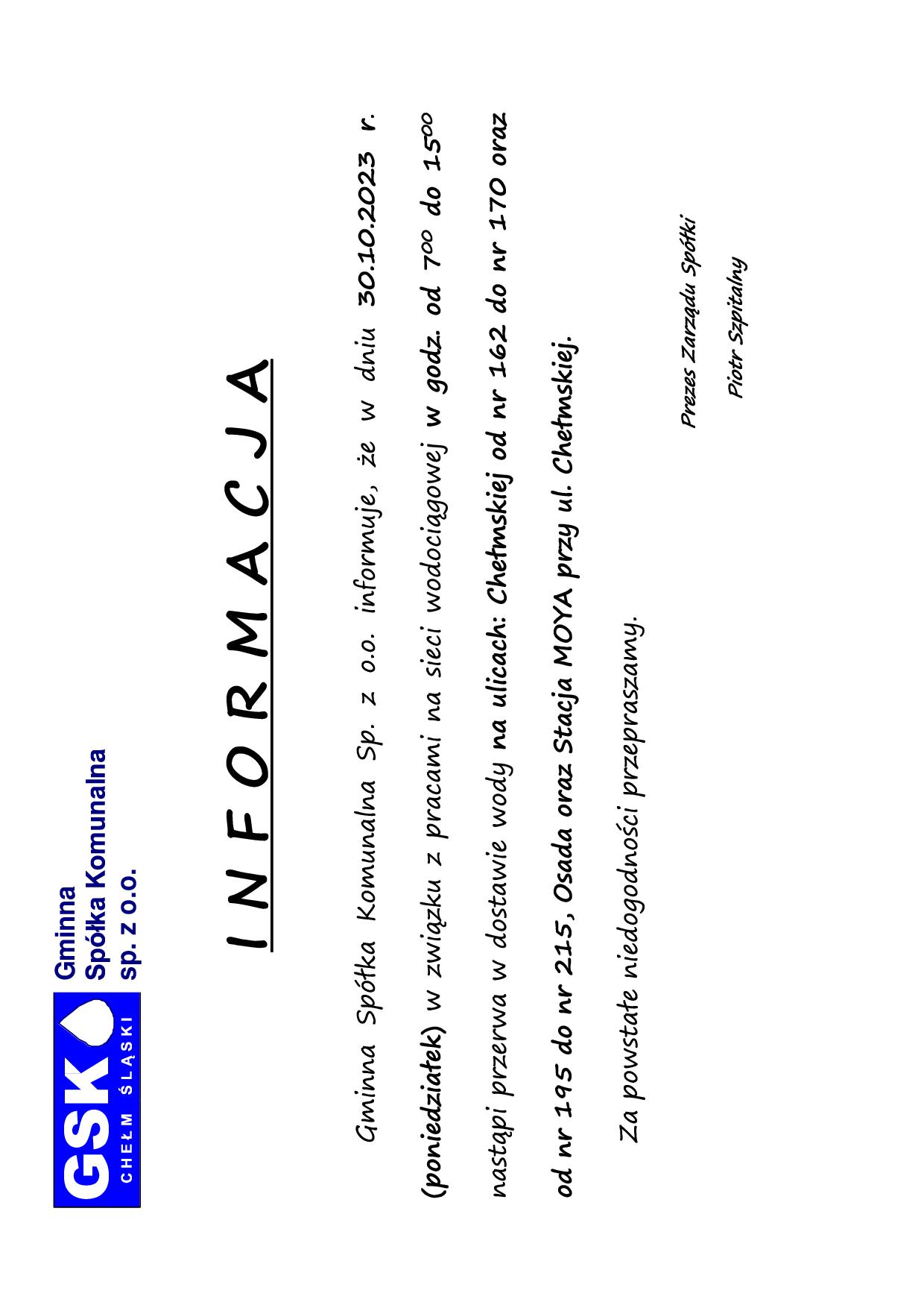 Informacja - brak wody 30.10.2023