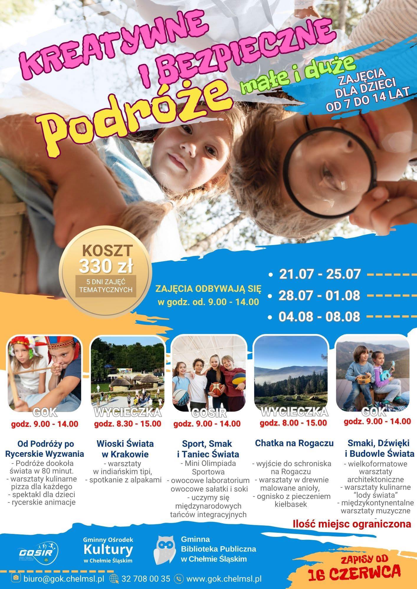 Kolorowy plakat promujący wakacje w Gminie Chełm Śląski 