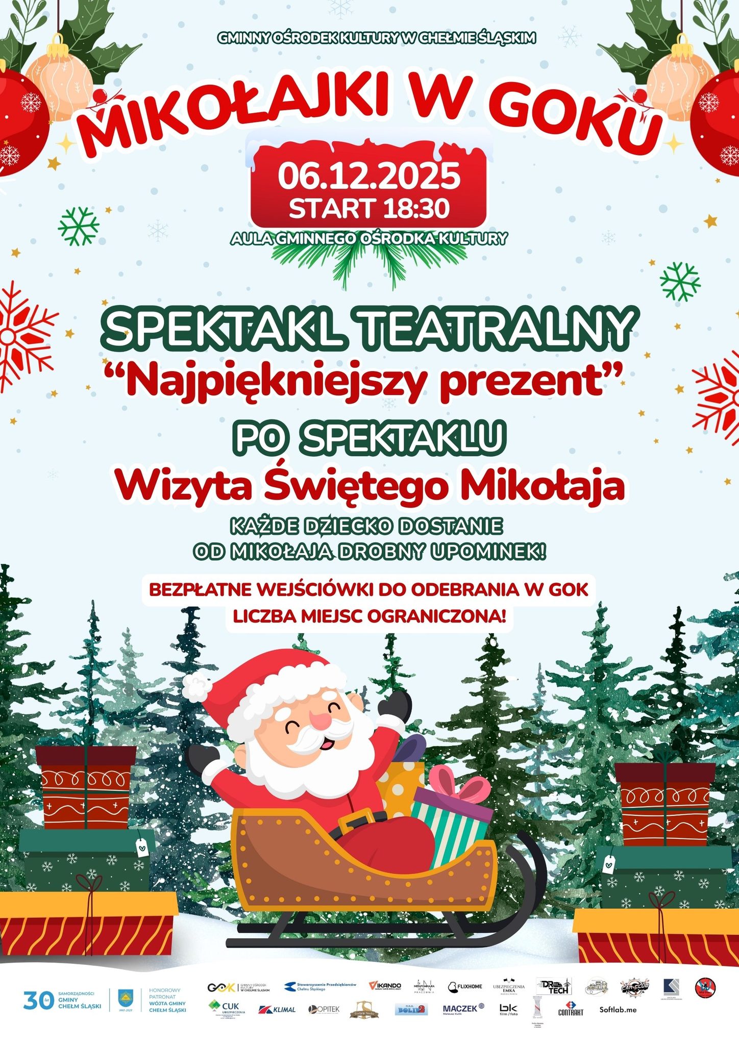 Plakat animacyjny - Mikołaj siedzący w saniach . Opis pod zdjęciem.