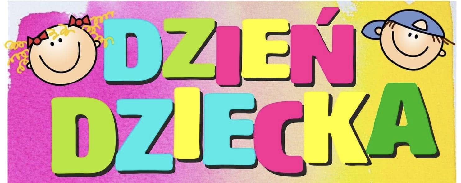 Kolorowy napis dzień dziecka i dwie buźki animacyjne